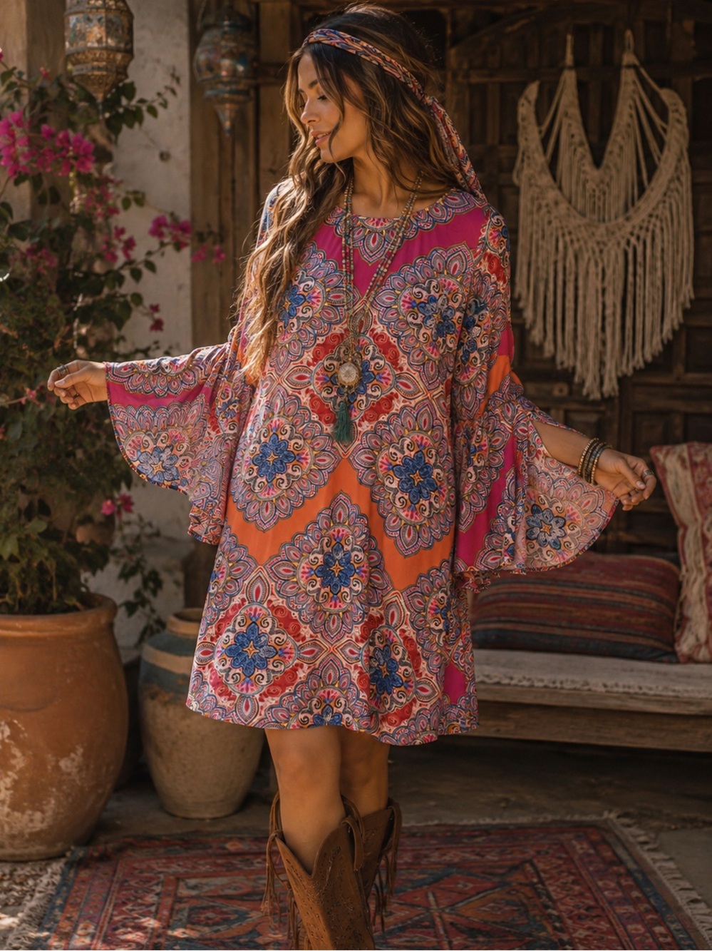 Uncle Frank Small Boho Medallion Bell Sleeve Shift Dress Pink Orange USA Rayon